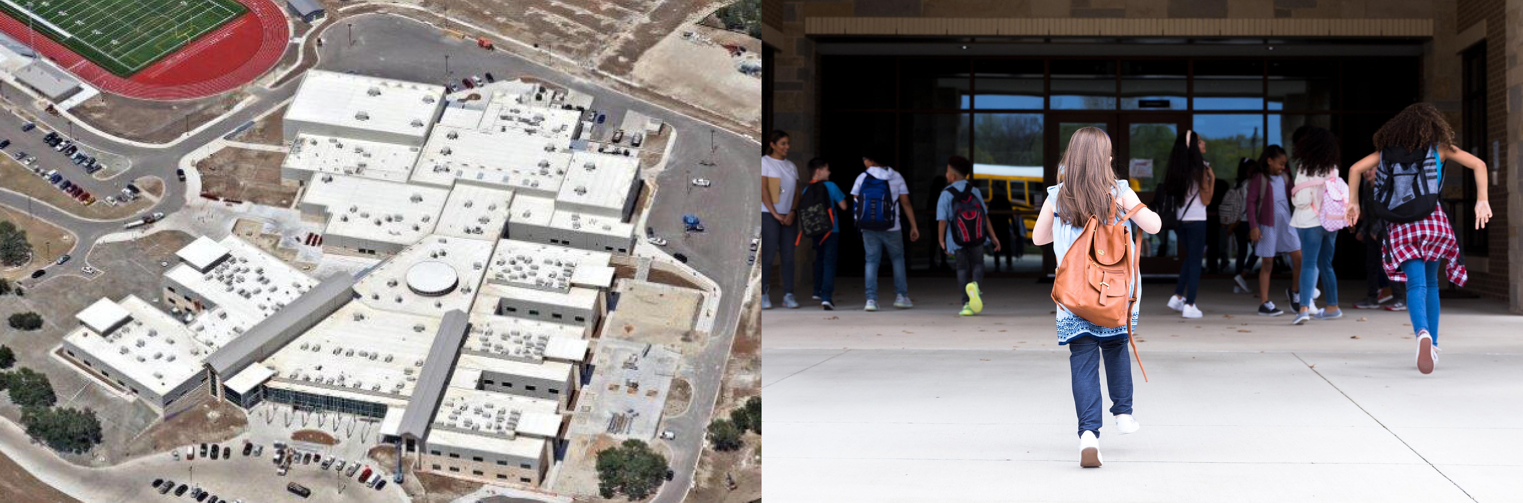 aerial view of large public school campus with buildings, parking lots and athletic fields || view of students walking from school buses into junior high school building entrance